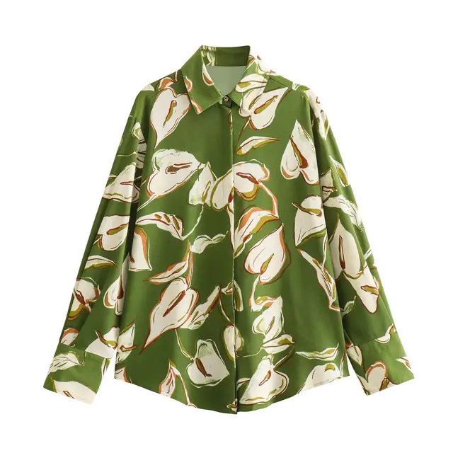Women's Lapel Long Sleeve Flower Print Loose Shirt Green - Shop at LoveMi