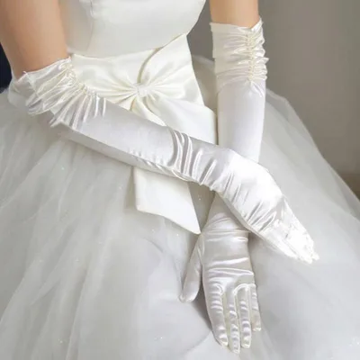 Double row Beaded Satin Sun Protection Scar Cover Up Oversleeve Bridal Wedding Gloves Creamy White - Shop at LoveMi