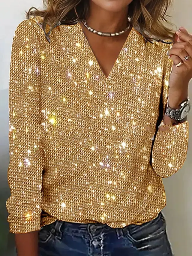 Women's Pure Color Sequins Long sleeved T shirt Gold - Shop at LoveMi