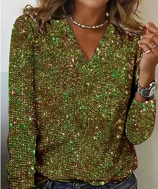 Women's Pure Color Sequins Long-sleeved T-shirt - Green1