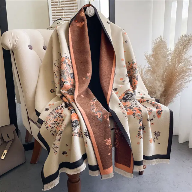 Lady Style Cashmere like Double sided Thermal Student Scarf Air Conditioning Shawl Beige & Orange - Shop at LoveMi
