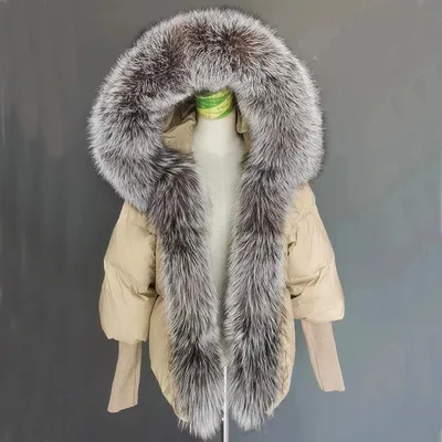 White Duck Down Real Fur Big Fur Collar Down Jacket Khaki - Shop at LoveMi