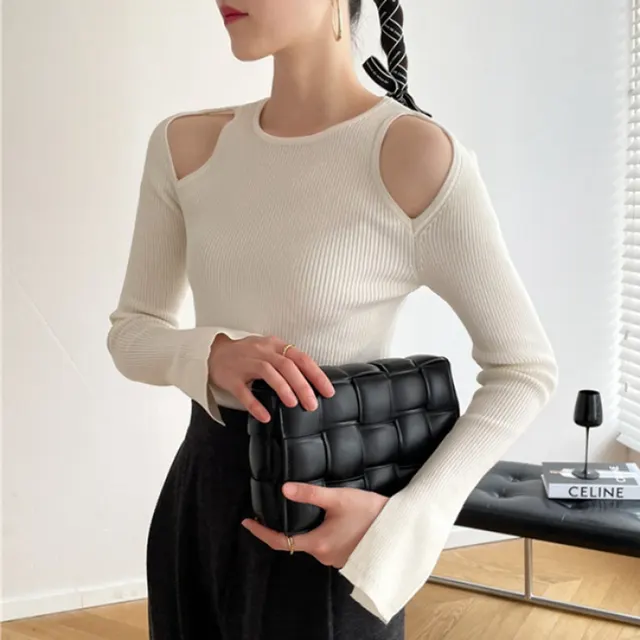 Black Strapless Long Sleeve Bottoming Shirt Women's Spring And Autumn Cut out Bottoming Slim Fit Skinny Short Top White - Shop at LoveMi