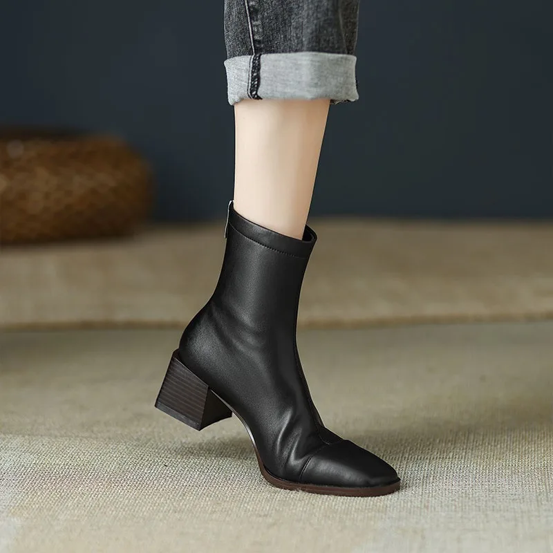 Women's Chunky Heel Short Boots Autumn And Winter French Retro - Black