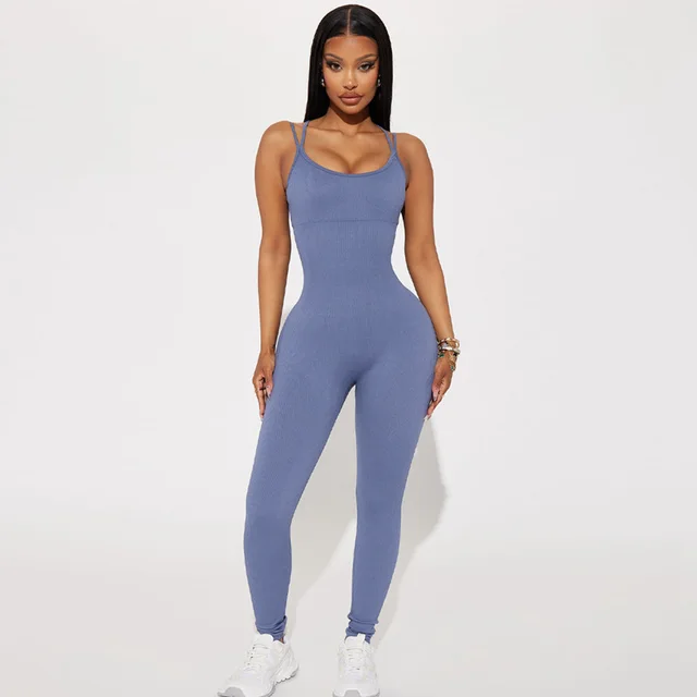 Women's Ribbed Backless Slim Fit Sports Jumpsuit Blue - Shop at LoveMi