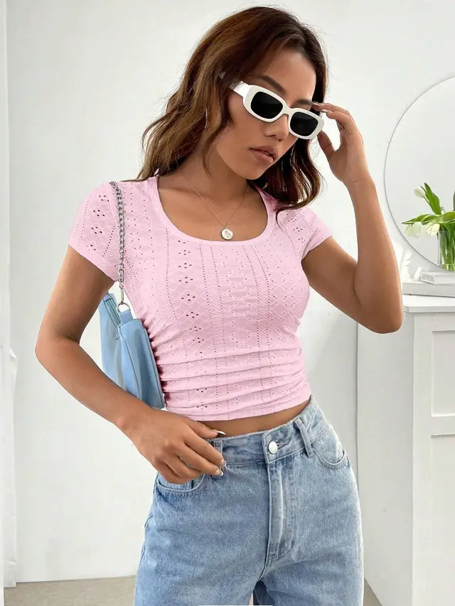 Low Round Neck Eyelet Short Slim T shirt For Women Pink - Shop at LoveMi