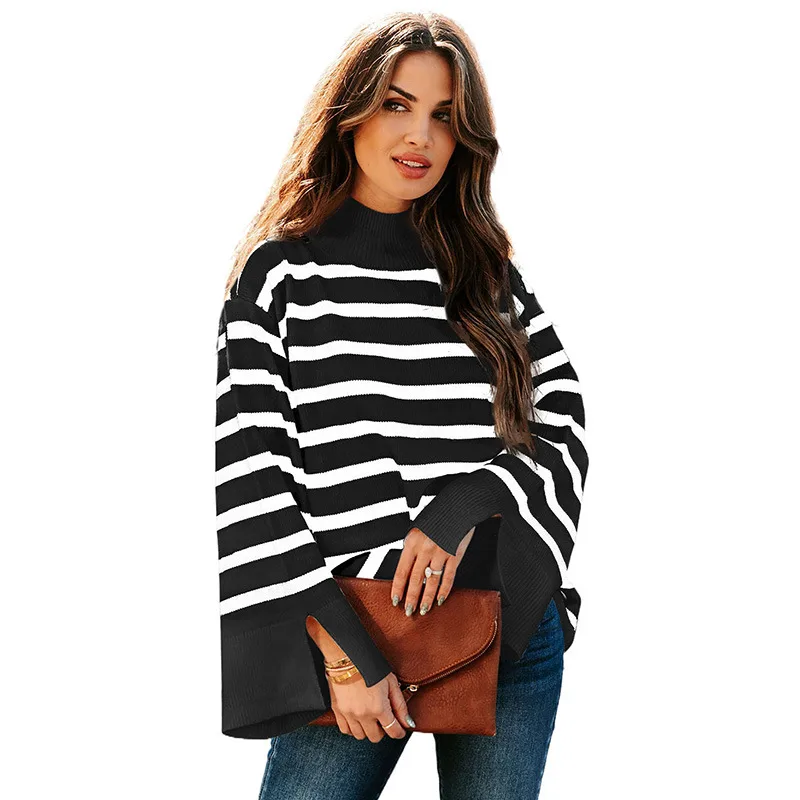 Striped Turtleneck Sweater Women's Cuffs Lc2723245 Black - Shop at LoveMi