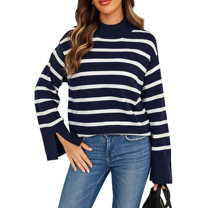 Striped Turtleneck Sweater Women's Cuffs Lc2723245 Dark Blue - Shop at LoveMi
