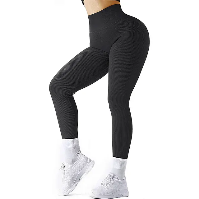 High Waist Seamless Leggings Threaded Knitted Fitness Pants Solid Women's Slimming Sports Yoga Pants Elastic Running Sport Leggings Black - Shop at LoveMi