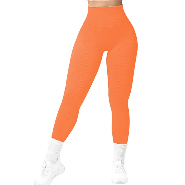 High Waist Seamless Leggings Threaded Knitted Fitness Pants Solid Women's Slimming Sports Yoga Pants Elastic Running Sport Leggings Orange - Shop at LoveMi