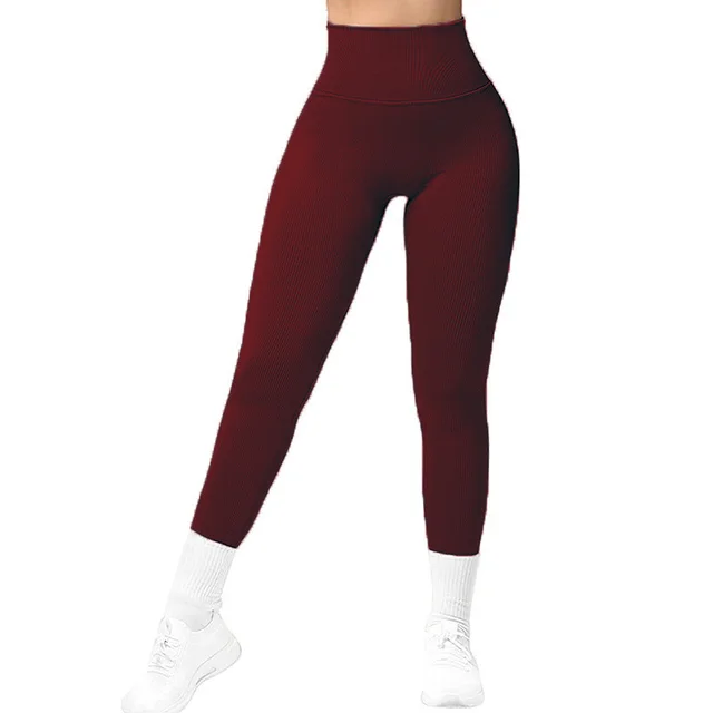 High Waist Seamless Leggings Threaded Knitted Fitness Pants Solid Women's Slimming Sports Yoga Pants Elastic Running Sport Leggings Wine Red - Shop at LoveMi