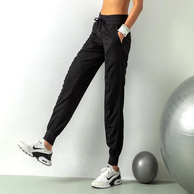 Fashion Casual Sports Pants For Women Loose Legs Drawstring High Waist Trousers With Pockets Running Sports Gym Fitness Yoga Pants Black - Shop at LoveMi