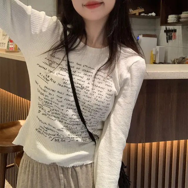 Sweet Style Shoulder Long Sleeve Letter Print T shirt Slim Fit White Base Top White Short - Shop at LoveMi