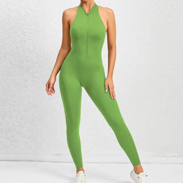 Zippered Yoga Fitness Jumpsuit Sleeveless Tummy Control Stretch Shapewear Butt Lifting Sportswear Women Fashion Outfits Clothing Apple Green - Shop at LoveMi