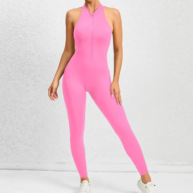Zippered Yoga Fitness Jumpsuit Sleeveless Tummy Control Stretch Shapewear Butt Lifting Sportswear Women Fashion Outfits Clothing Pink - Shop at LoveMi
