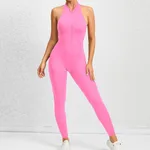 Zippered Yoga Fitness Jumpsuit Sleeveless Tummy Control Stretch Shapewear Butt Lifting Sportswear Women Fashion Outfits Clothing - Pink