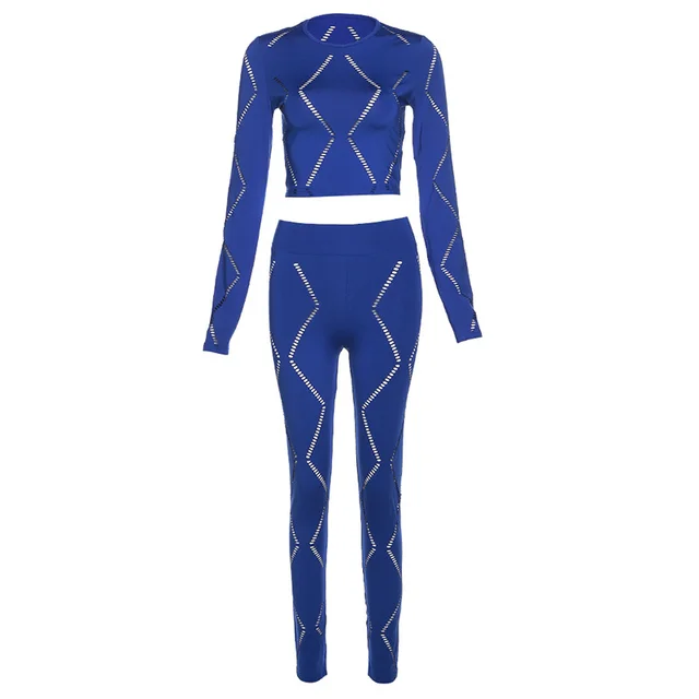 Women's Hollow out Ripped High Waist Tight Pants Casual Sports Suit Blue - Shop at LoveMi