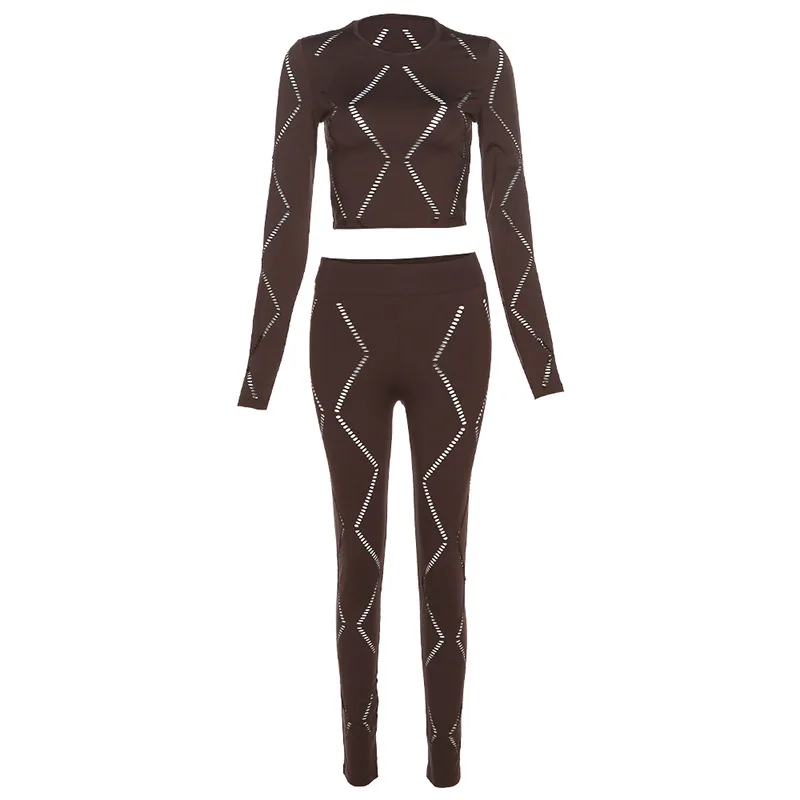 Women's Hollow-out Ripped High Waist Tight Pants Casual Sports Suit - Coffee