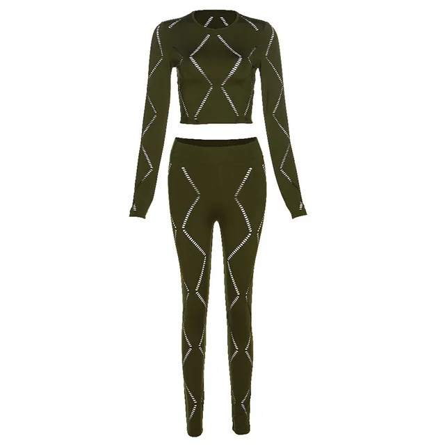 Women's Hollow out Ripped High Waist Tight Pants Casual Sports Suit Green - Shop at LoveMi
