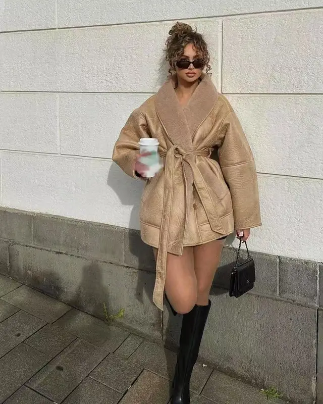 Women's Fashionable Cashmere Leather Fur Collar Composite Belt Coat Khaki - Shop at LoveMi