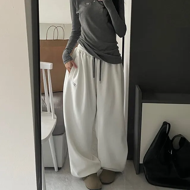 American Winter Fleece lined Snow Heavy Loose Leggings Mop Lazy Sports Pants White - Shop at LoveMi