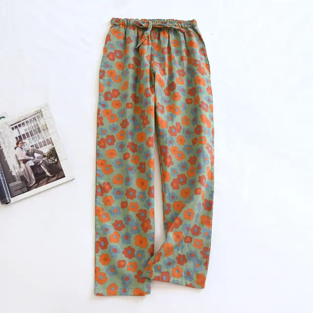 Women's Cotton Thin Home Casual Pants Gauze Blue Flower Trousers - Shop at LoveMi