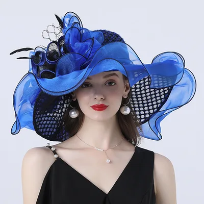 European And American Style Women's Sunshade Adult Hatband Mesh Flower Decoration Broad brimmed Hat Sapphire Blue - Shop at LoveMi