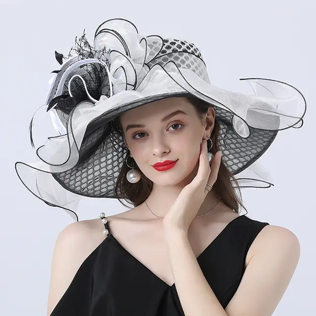 European And American Style Women's Sunshade Adult Hatband Mesh Flower Decoration Broad brimmed Hat White - Shop at LoveMi
