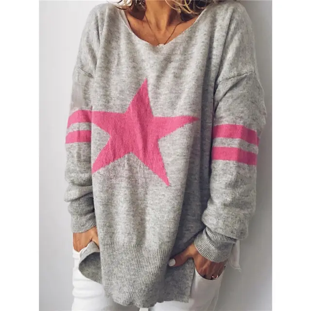 European And American Knitted Five pointed Star Split Pullover Long Sleeve V neck Winter Clothing Jacket Gray - Shop at LoveMi
