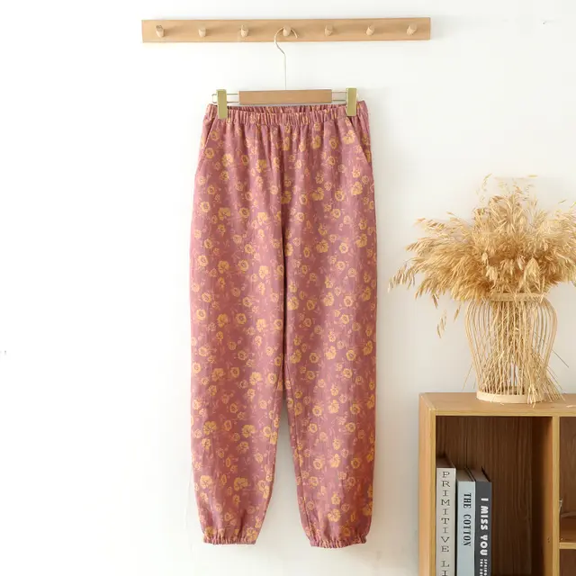Spring And Autumn Yarn dyed Pure Cotton Home Trousers For Women Purple Rose - Shop at LoveMi
