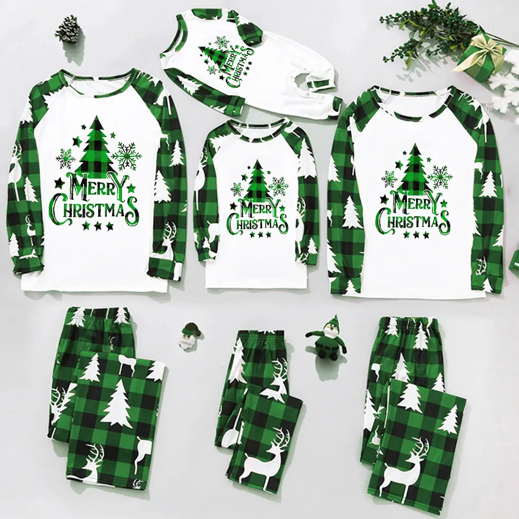 Parent-child Leisure Wear Set Plaid Stitching Printing Christmas - Romper9M