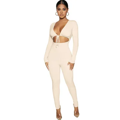 Women's Lace up Cutout Long Sleeve Slim Fit Bodysuit Apricot - Shop at LoveMi