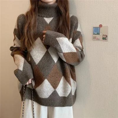 Korean Style Retro Lazy Style Diamond Plaid Colorblock Thick Warm Loose Turtleneck Sweater Camel - Shop at LoveMi