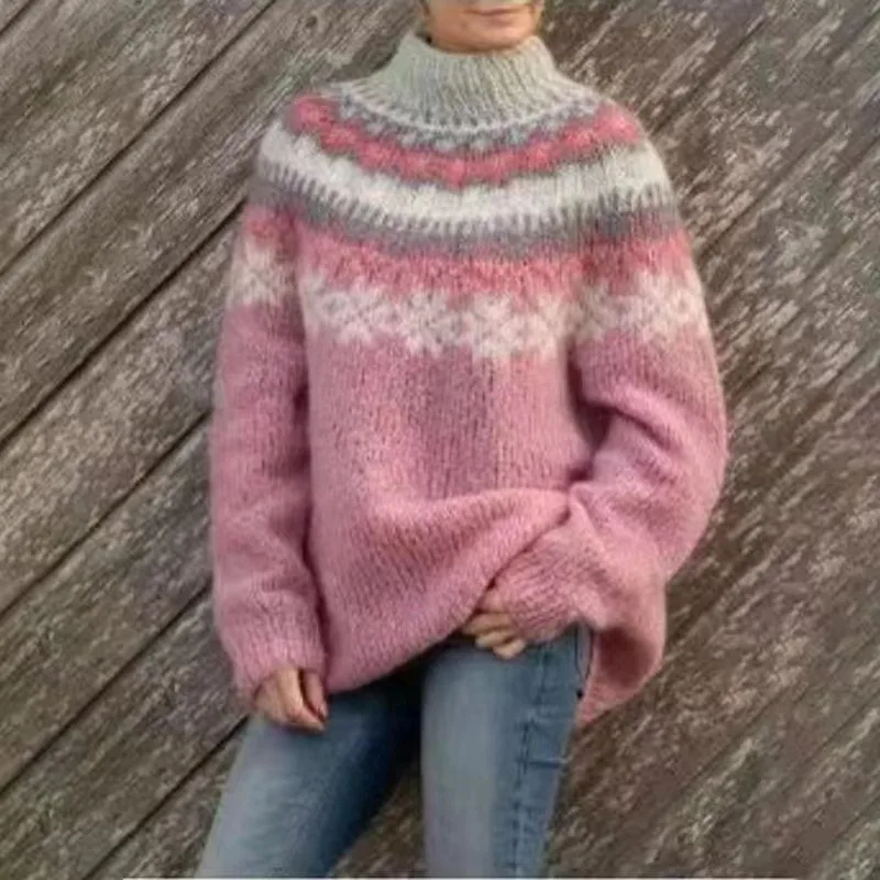 Round Neck Pullover Jacquard Vintage Print Sweater Lotus Color - Shop at LoveMi