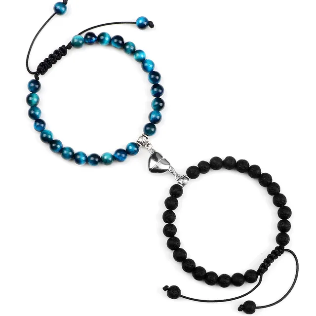 Heart shaped Magnet Suction Black Frosted Stone Couple Bracelet Blue Tiger Eye Volcanic Stone - Shop at LoveMi