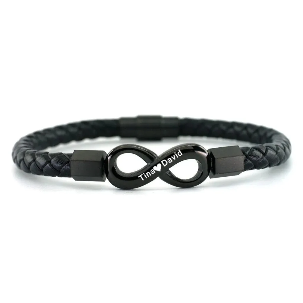 To My Man Custom Names Love You Forever And Always Infinity Leather Bracelet For Husband Dad Son - Black