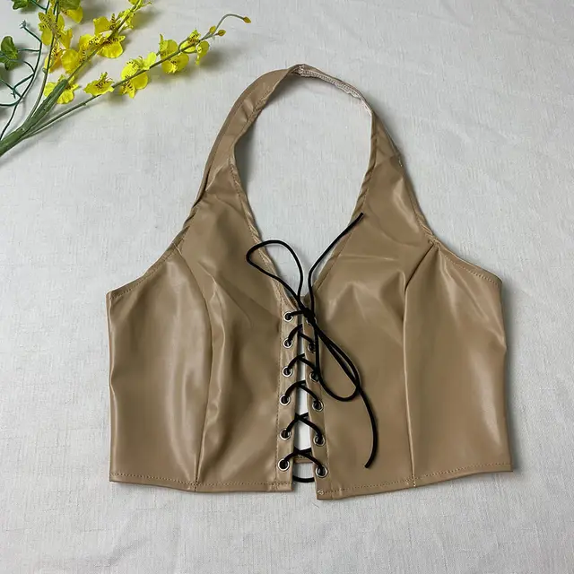 Summer New Design Feeling Hanging Neck Short Outgoing Tank Top Khaki - Shop at LoveMi