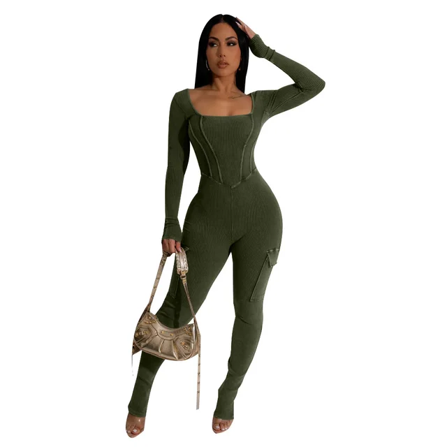 Women's Fashion Casual Solid Color Pocket Tight Jumpsuit Army Green - Shop at LoveMi