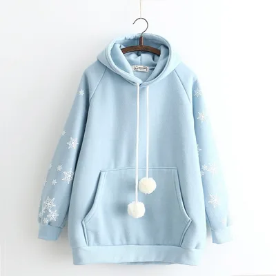 Snowflake Embroidery Hooded Fleece Lined Sweater Women Blue - Shop at LoveMi