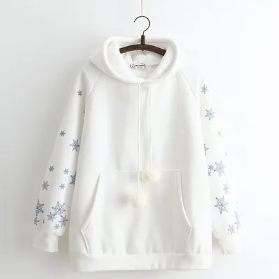 Snowflake Embroidery Hooded Fleece Lined Sweater Women White - Shop at LoveMi