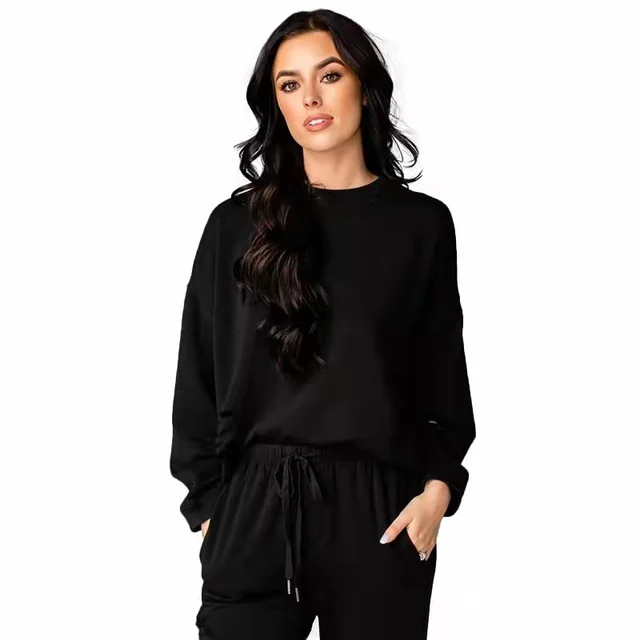 Women's Solid Color Ripped Round Neck Pullover Pants Casual Long Sleeve Sweatshirt Cotton Suit Black - Shop at LoveMi