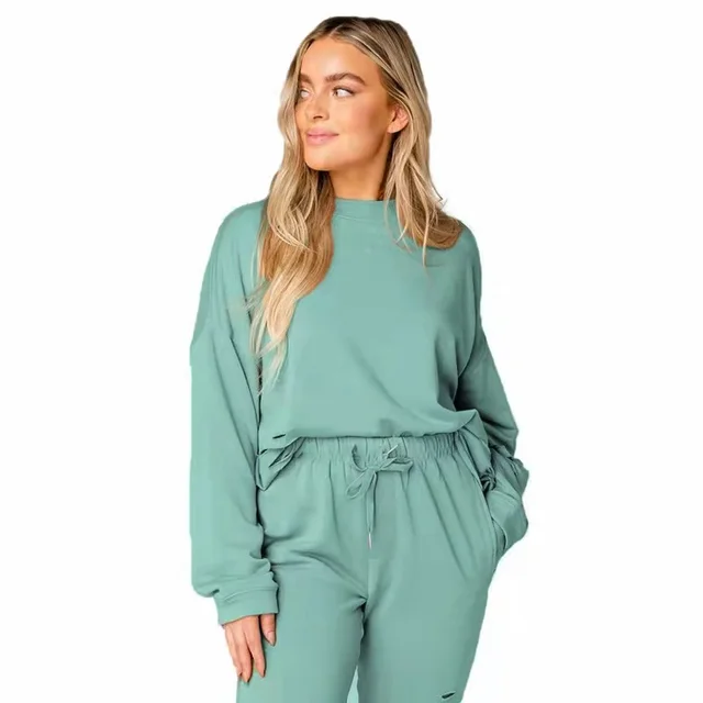 Women's Solid Color Ripped Round Neck Pullover Pants Casual Long Sleeve Sweatshirt Cotton Suit Light Green - Shop at LoveMi