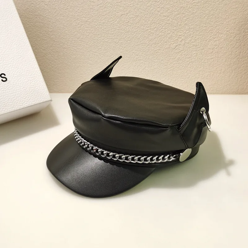 Chain Dog Ears Peaked Cap Female Autumn And Winter PU Black - Shop at LoveMi