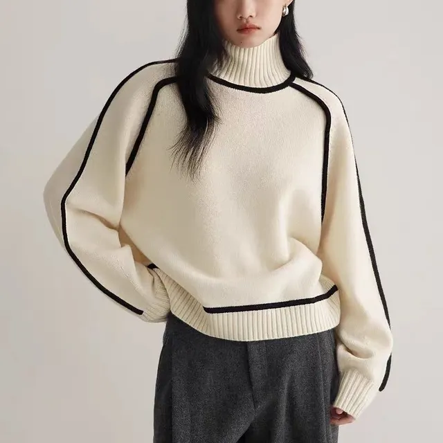 Autumn And Winter Half Turtleneck Three dimensional Casual Loose Pullover Knitted Sweater Fashion Knit Top Outerwear Creamy White - Shop at LoveMi