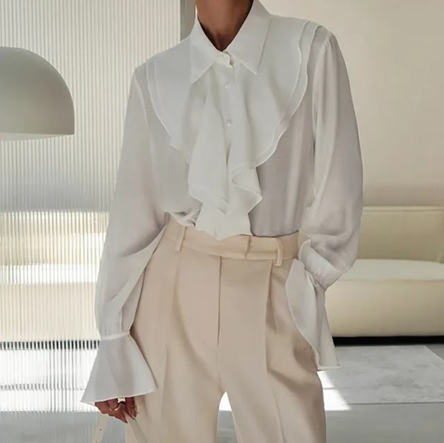 White Lapel Puff Sleeve Ruffled Elegant French Shirt White - Shop at LoveMi