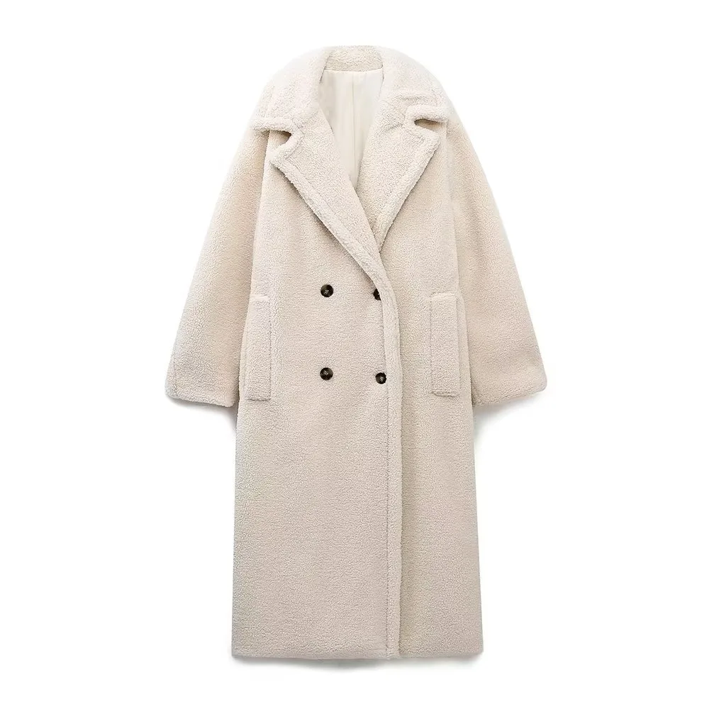 Autumn And Winter New Women's Solid Color Casual Long Lamb Wool Coat - White