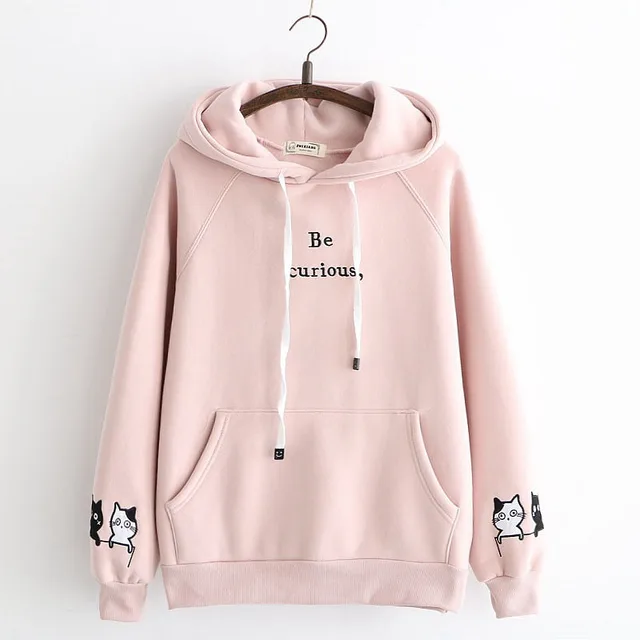 Japanese College Style Letters Cartoon Cat Embroidery Velvet Loose Hooded Sweater For Women Fleece Shirt Pink - Shop at LoveMi