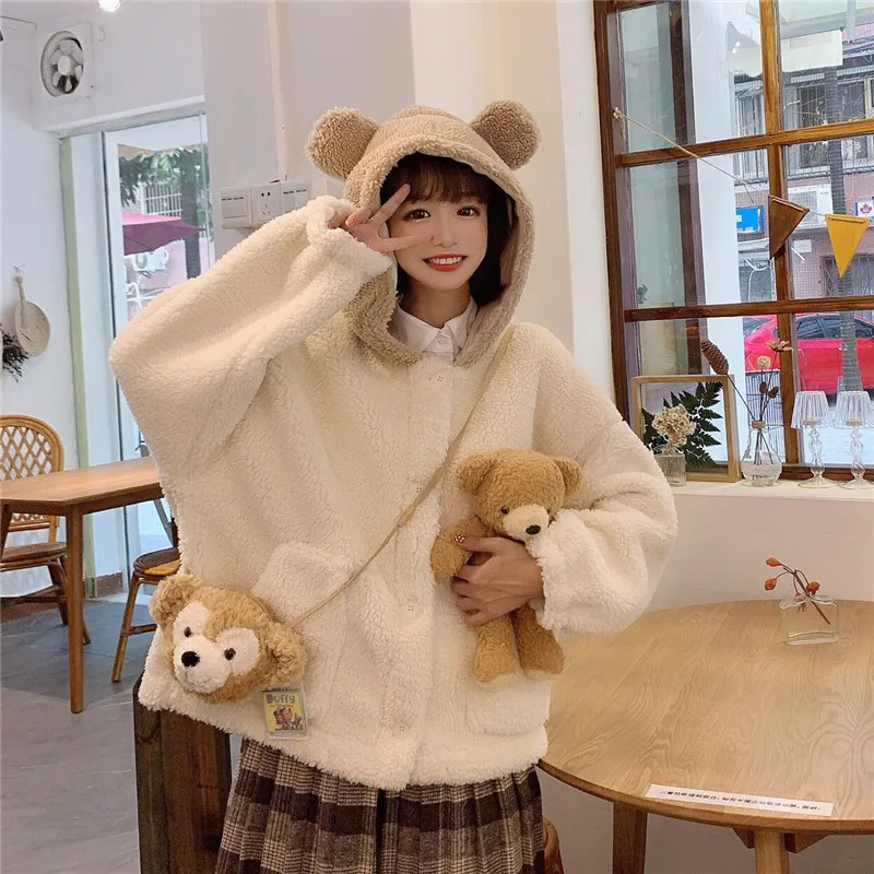 Cute Bear Ear Coat For Women Lamb Wool Winter Cardigan Top Beige - Shop at LoveMi
