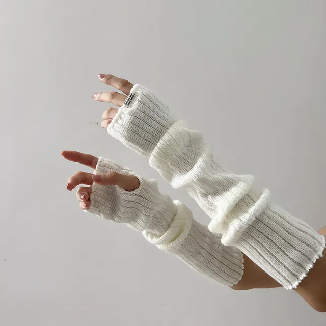 Knitted Pile Style Gloves Sleeve Finger Leakage White - Shop at LoveMi