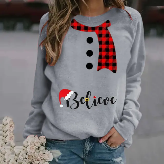Christmas Pattern Printing Long Sleeve Crew Neck Sweater Women Gray - Shop at LoveMi